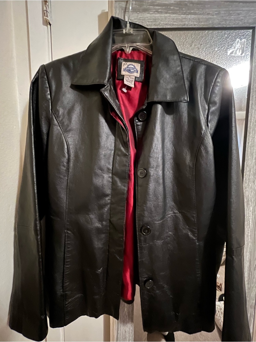 Worthington Black Leather Trench Coat with Red Lining